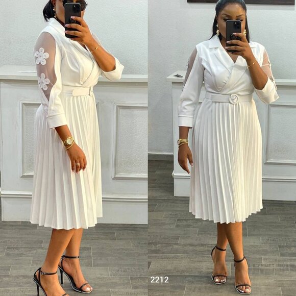 Women's Pleated Midi Dress with Floral Detail & Belt – Size S, M, L, XL - Picture 5 of 5